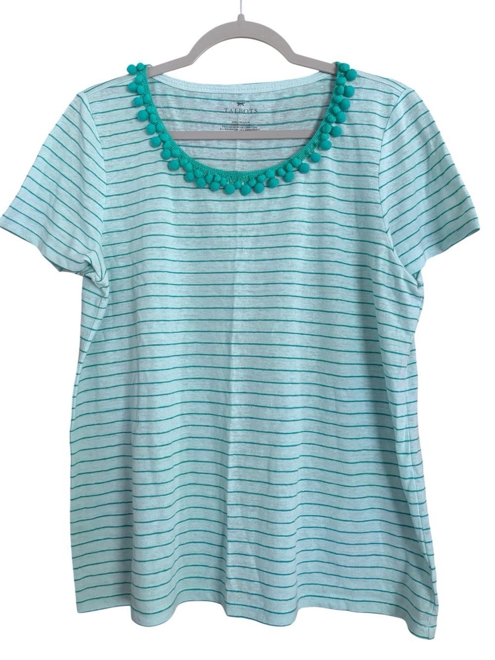 Talbots Linen Blend Teal Striped Short Sleeve Top with Pom Trim Large